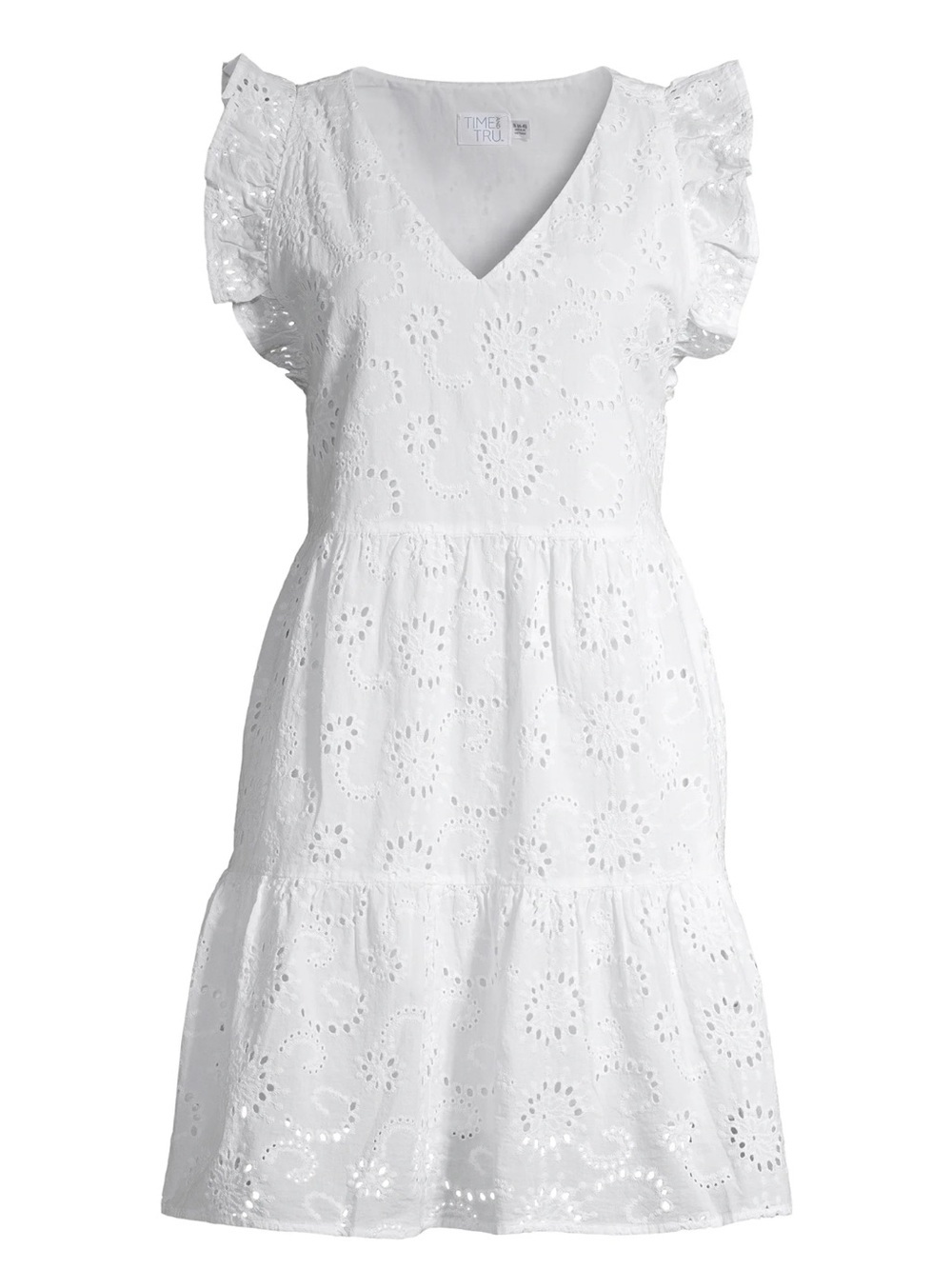 Time and Tru Women’s White Eyelet V-Neck Ruffle Sleeve Sundress Size Large 12/14